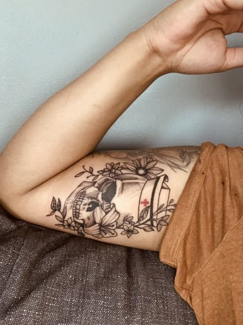 Flowers, nurse hat, skull Medical Tattoo Sleeve, Nurse Related Tattoos, Medical Skull Tattoo, Tattoo For Mother Meaningful Sleeve, Nursing Skull Tattoo, Nursing Tattoo Sleeve, Nursing Sleeve Tattoo, Tattoos For Healthcare Workers, Nursing Related Tattoos