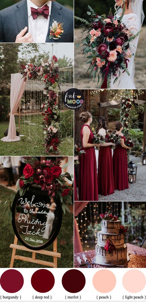 Fall Wedding Maroon And Gold, Ruby Red Wedding Theme Color Schemes, Red Wedding Colour Schemes, Red Peach And Green Wedding, Crimson Fall Wedding, Autumn Colour Scheme Wedding, Red Colour Scheme Wedding, Maroon Shades Color Schemes, Fall Wedding Colors Maroon