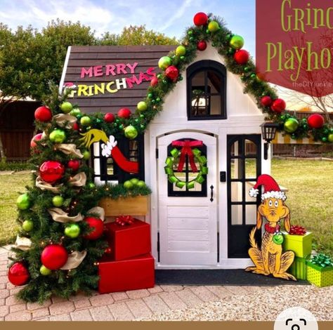 Christmas Playhouse Decor, Playhouse Christmas Makeover, Christmas Playhouse Makeover, Playhouse Christmas Decor, Christmas Playhouse, Gingerbread Playhouse, 6ft Christmas Tree, Whoville Christmas, Grinch Christmas Decorations