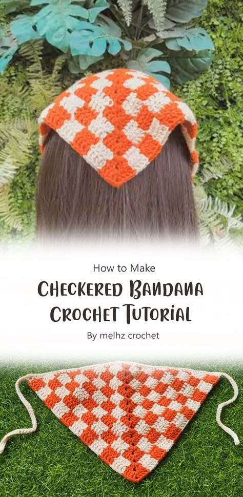 Bandana Crochet Diagram, Crochet Size 1 Yarn, Checkered Bandana Crochet, Money Making Crochet Projects, Free Crochet Patterns Bandana, Crochet Granny Square Bandana Pattern, Crochet Checkered Scarf Free Pattern, Crochet Checkered Headband, Crochet Strawberry Bandana Pattern Free