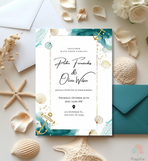 Beach Wedding Invitation, Nautical Seashell Invite, Anchor Themed Wedding, Teal and Gold Editable Coastal Invite, Printable Ocean Invitation by Papilix on Etsy Beach Theme Wedding Invites, Ocean Blue Wedding Theme, Blue And Gold Wedding Invitations, Ocean Invitation, Ocean Themed Wedding, Lake Wedding Invitations, Ocean Wedding Theme, Wedding Teal, Nautical Elements