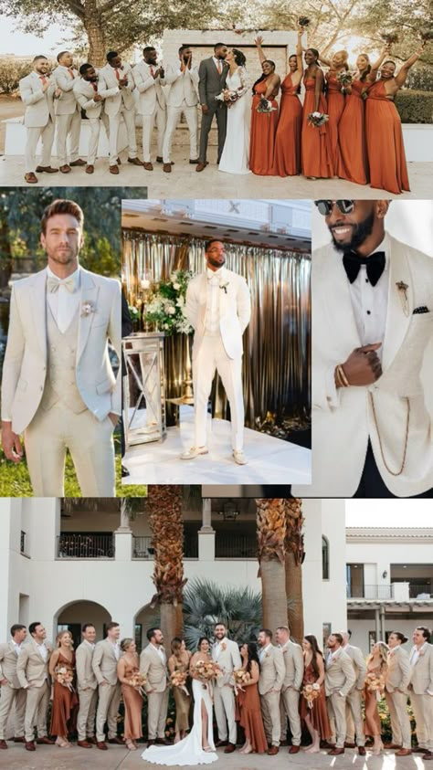 Cream suit for groom, tan/khaki suits for groomsmen with pocket square & bow tie to match bridesmaids Champagne Bridal Party Groomsmen, Tan Groomsmen Suits With Bridesmaids, Cream Groom Suit, Tan Suits For Wedding, Bridal Palette, Khaki Groomsmen, Tan Groomsmen Suits, Tan Wedding Colors, Tan Groomsmen