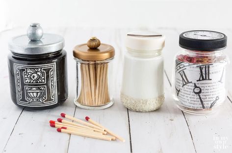 Line up of 4 DIY Match Holders made using small empty glass food jars. Match Jar Diy, Diy Match Striker Jar, Match Holder With Striker Diy, Match Striker Diy, Diy Match Holder, Diy Match Striker, Match Holder With Striker, Textured Spray Paint, Decorative Matches