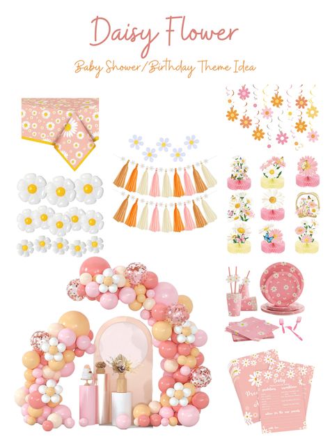 Daisy Baby Shower Theme Pink, Baby Shower Girl Flower Theme, Daisy Flower Theme Birthday Party, Daisy Theme Baby Shower Ideas, Daisy Bridal Shower Ideas, Flowers Theme Birthday Party, Baby Shower Daisy Theme, Daisy Flower Birthday Party Ideas, Daisy Baby Shower Ideas