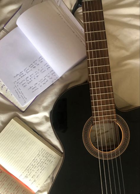 guitar, music, chords, writing, bed, aesthetic, acoustic, black, songs,  book, lyrics, songwriting, decor, Book Lyrics, Black Acoustic Guitar, Bed Aesthetic, Guitar Obsession, Wild Eyes, Music Chords, Lyrics Aesthetic, Guitar Music, Ukelele