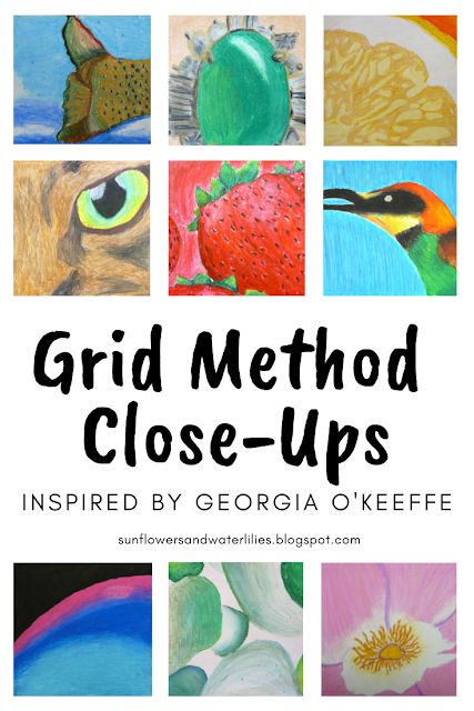 Students studied how Georgia O'Keeffe zoomed way up close into her flowers. We used the grid method and oil pastels to recreate the details, textures, and the shading within a zoomed in image of students' choice. 8th Grade Painting, Improve Drawings, 7th Grade Art, Summer Art Projects, High School Art Projects, Art Education Lessons, 8th Grade Art, Middle School Art Projects, Art Lessons Middle School