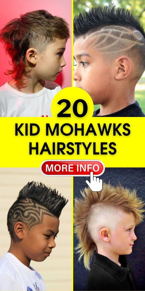 The kid mohawks hairstyles in this collection are perfect for those seeking a mix of tradition and trend. The cornrow patterns skillfully incorporated into the mohawk bring a unique twist to the classic boy haircut. Ideal for both casual and formal settings, these styles showcase skillful craftsmanship and a keen sense of style. Boy Mow Hawk, Kids Mohawk Hairstyles, Kids Mow Hawks, Boys Haircut Mohawk Mullet, Mohawk Mullet Kids, Girls Mohawk Hairstyle Kids, Mowhak Hairstyle Boy, Skin Fade Mohawk, Mohawk Boys Haircut