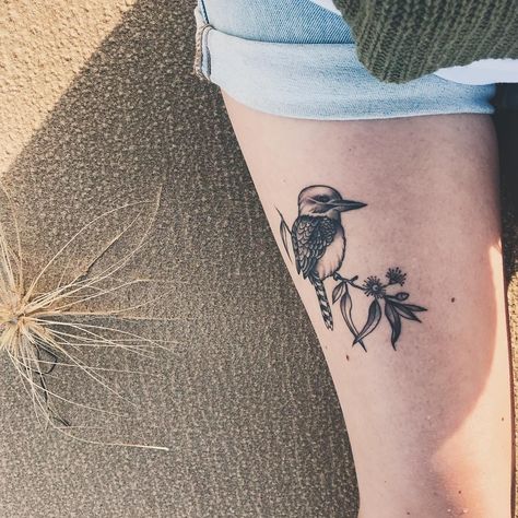 kookaburra calls just like he knows & I call right back; yes I’m home.. 🌞 thanks @xavierruddofficial for inspiring my cute little… Simple Kookaburra Tattoo, Kukaburra Tattoo, Kookaburra Tattoo Fine Line, Australian Themed Tattoo, Australian Native Tattoo, Australian Tattoo Ideas, Australia Tattoo Ideas, Hippie Tats, Kookaburra Tattoo