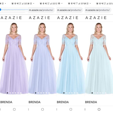 From Azazie.ca. From left to right, lilac, lavender, sky blue, and mist. Dress is Brenda. Azazie Lavender, Light Blue And Purple Wedding, Lavender And Blue Wedding, Light Blue Wedding Colors, Lavender Quince, Light Blue Bridesmaid, Blue Beach Wedding, Lavender Sky, Lavender Bridesmaid