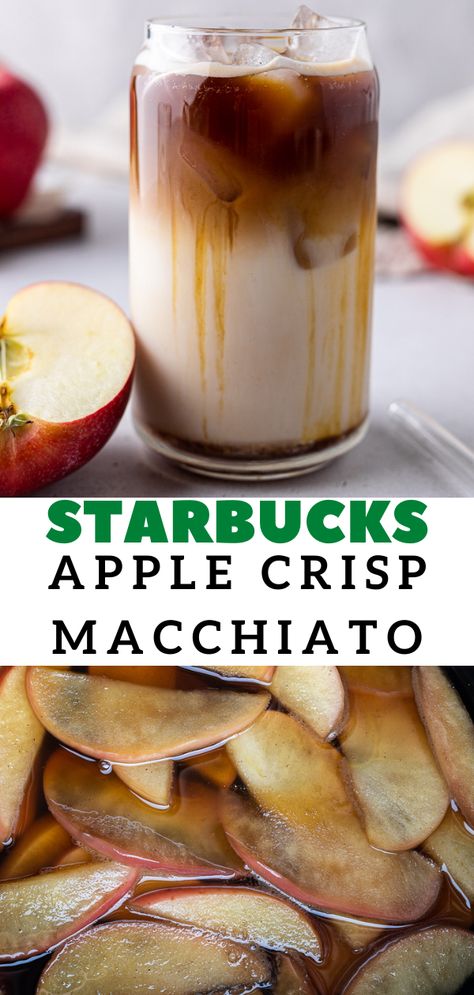 This Starbucks apple crisp macchiato is their newest addition to their autumn menu. It is made with an apple simple syrup, 2% milk, espresso coffee, and a thick apple crisp drizzle. It is refreshing yet perfectly spiced for the fall season. The best part is that this is a gluten-free Starbucks drink! It tastes just like straight-up apple crisp and might be even better than the OG pumpkin spice latte that we all wait for! #starbuckscopycat #applecrispmacchiato #applemacchiato #falllatte Moka, Iced Apple Crisp Oatmilk Macchiato, Iced Apple Crisp Macchiato, Starbucks Expresso, Coffee Shop Recipes, Apple Crisp Oatmilk Macchiato, Apple Crisp Macchiato, German Coffee, Macchiato Recipe