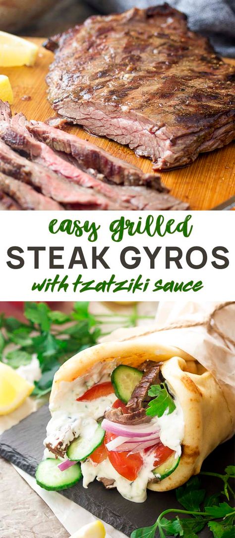 For a great beef dinner with Greek flavors make grilled skirt steak gyros tonight! A quick marinade and homemade tzatziki sauce along with a few toppings and some pita bread are all you need. | justalittlebitofbacon.com #greekrecipes #gyros #beefrecipes #grillingrecipes #greek #skirtsteak Gyro Recipe Beef, Steak Gyros, Grill Tips, Skirt Steak Marinade, Beef Gyro, Bacon Burgers, Grilled Skirt Steak, Greek Gyros, Gyro Recipe