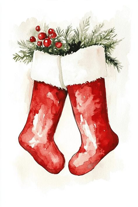 Watercolor Christmas Stocking, Christmas Clip Art Free Printables, Christmas Paintings Simple, Cute Santa Drawing, Holiday Watercolor Cards, Christmas Card Ideas Drawing, Stocking Painting, Watercolor Christmas Card Ideas, Cute Christmas Watercolor