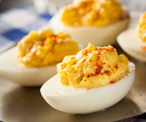 Air Fryer Deviled Eggs - Fork To Spoon 6 Deviled Eggs Recipe, Party Deviled Eggs, Devil Eggs, Stuffed Eggs, Fried Deviled Eggs, French Sauces, Eggs Recipes, Deviled Eggs Easy, Deviled Eggs Classic