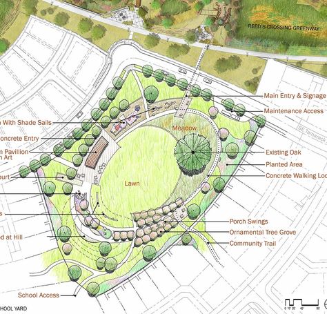 Reed's Crossing Neighborhood Park ... Community Park Design, Landscape Architecture Park, Natural Play Spaces, Neighborhood Park, Social Structure, Landscape Architecture Plan, Landscape Architecture Drawing, Pocket Park, Park Landscape