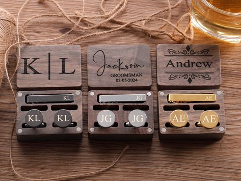 Engraved Groomsmen Cufflinks, Groomsmen Gifts, Wedding Cufflinks & Tie Clip Set, Groomsman Gift, Groomsmen Proposal, Groomsmen Gift Set  This is a wonderful customized cufflinks / tie clip with wooden box for men.  High polished smooth surface makes this set is perfect to wear on daily basis or for special occasion. These cufflinks and tie clips with wooden boxes can be personalized to your requirements with names, initials, wedding dates. These make for perfect gift for Fathers Day, Anniversary Mens Bachelor Gifts, Wedding Favors For Groomsmen, Groomsman Gift Box Ideas, Best Man Wedding Gift, Grooms Man Gifts, Mens Wedding Gifts From Bride, Bridal Party Gifts For Men, Grooms Men Proposal Boxes, Groomsmen Wedding Day Gifts