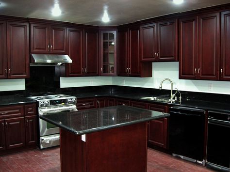 Black Granite Kitchen Countertops, Cherry Wood Kitchen Cabinets, Black Granite Kitchen, Cherry Wood Kitchens, Cherry Wood Cabinets, Unique Kitchen Backsplash, Outdoor Kitchen Countertops, Black Granite Countertops, Cherry Kitchen