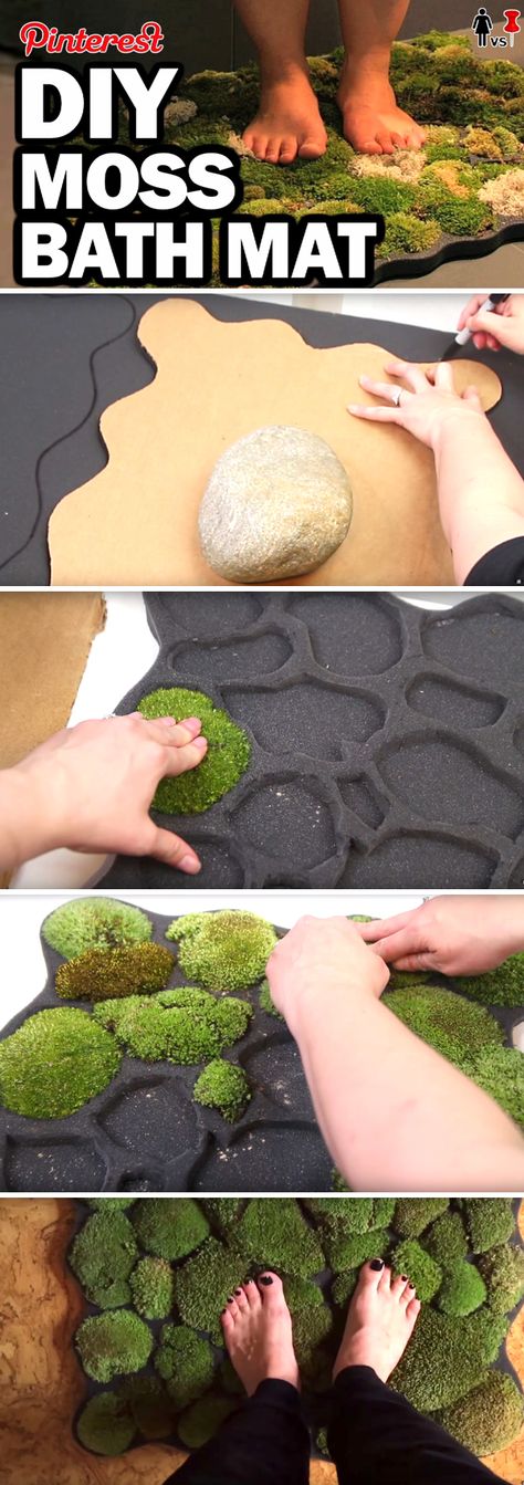 This DIY Moss Bath Mat Brings Self-Thriving Lush Greens Inside Your Home! Moss Shower Mats, Diy Bath Mats, Moss Bath Mat, Diy Moss, Houses Interior, Cute Diy Projects, Moss Garden, Moss Art, Bathroom Plants