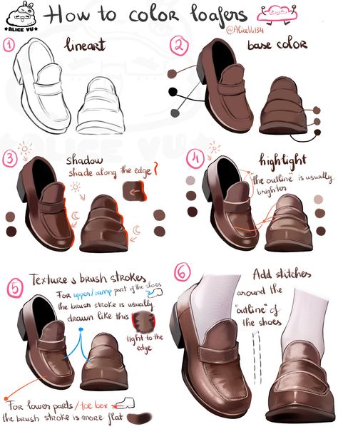 Drawing Shoes, Clothes Drawing, Concept Art Tutorial, Digital Painting Techniques, Anime Tutorial, How To Shade, Shoes Drawing, Coloring Tutorial, Digital Painting Tutorials