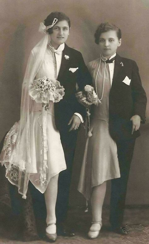 A Lesbian Couple In Semi-Drag Wedding Attire. Kingdom Of Hungary, Budapest, 1920 60s Lesbian Couple, 1910s Couple, Historical Lesbians, Drag Wedding, 1920s Couple, Zine Collage, Edwardian Couple, Kingdom Of Hungary, 60s Love