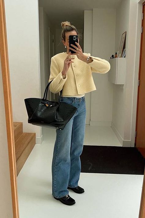 Low Rise Baggy Jeans, Rose Jacket, Textured Jacket, Boucle Jacket, Jean Trends, Fashion Female, Denim Trends, Fashion People, 가을 패션