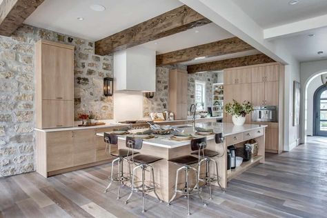 Modern French Country Interior, French Country Powder Room, French Country Interior Design, Modern French Country Kitchen, Country Home Kitchen, Quartz Countertops And Backsplash, French Country Interior, Open Pantry, White Oak Kitchen