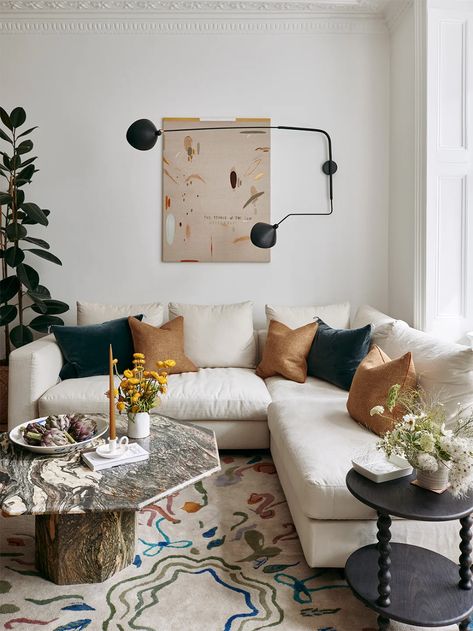 A DJ Booth Brings the Funk to Designer Isabelle Lomas’s Classical London Apartment Heath Wae, Cream Sectional, Spool Furniture, Living Room Mantel, Cream Sofa, Side Table With Drawer, Oak Side Table, Velvet Headboard, Home Decor Ideas Living Room