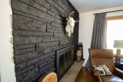 Stove Hearth Ideas, Black Painted Fireplace, Wood Stove Hearth Ideas, Black Stone Fireplace, Brown Fireplace, Fireplace Painted, Stone Fireplace Decor, Painted Stone Fireplace, Stove Hearth