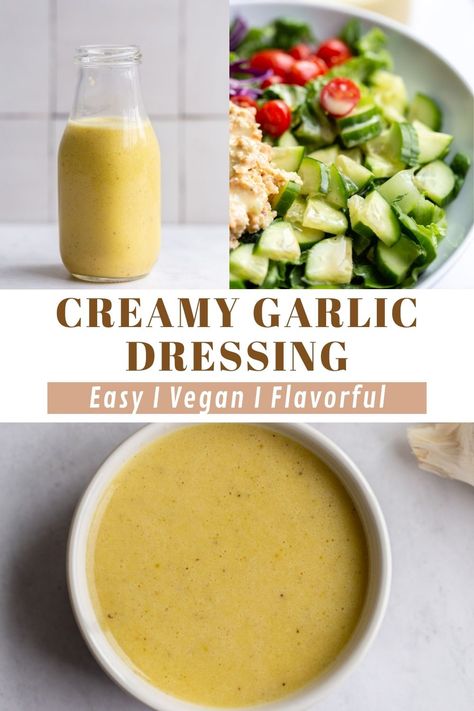 Creamy Garlic Dressing is a flavorful blend of roasted garlic, olive oil, red wine vinegar, dijon mustard and maple syrup (or honey). This easy vegan salad dressing recipe is delicious drizzled over your favorite salads or grain bowls, or used as a dip for veggies! Honey Garlic Salad Dressing, Garlic Olive Oil Dressing, Garlic Dressing Recipe Oil, Salad Dressing Recipes Garlic, Olive Oil Dijon Mustard Dressing, Roasted Vegetable Salad Dressing, Vegan Creamy Garlic Dressing, Wine And Cheese Dressing Recipe, Roasted Garlic Dressing Recipes