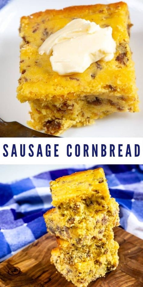 This Sausage Cornbread recipe is so easy you can make a batch whenever you crave it. The combination of pork sausage and cheese is so good – it won't last long when you make it! Sausage Stuffed Cornbread Loaf, Sausage Cornbread Muffins, Savory Cornbread Recipe, Cornbread And Sausage, Cornbread Breakfast, Sausage Cornbread, Cheese Cornbread, Ground Sausage Recipes, Jiffy Cornbread Recipes