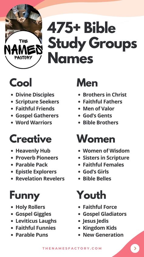 475 Inspiring Bible Study Groups Names List - The Names Factory Christian Group Chat Names, Study Group Name Ideas, Christian Group Names Ideas, Bible Study Group Names, Youth Group Names, Discipleship Group, Best Team Names, Connect Group, Small Group Bible Studies