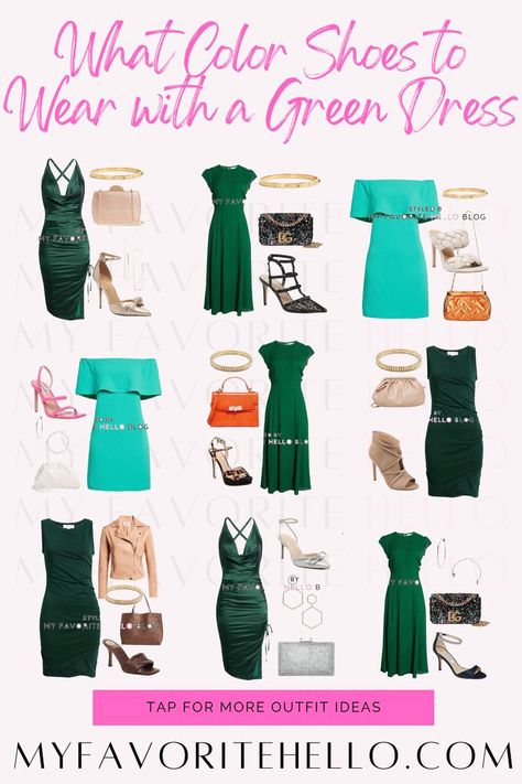 Green Dress Aesthetic Green Dress What Color Shoes, Green Dress Red Shoes, Green Dress Shoes Ideas, Shoes To Go With Emerald Green Dress, Hunter Green Dress Accessories, Accessories For Green Dress Formal, Shoes For A Green Dress Heels, Shoes To Go With Green Dress, Green Cocktail Dress Outfit