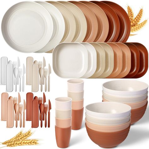 PRICES MAY VARY. Value Package: you will receive 64 pieces unbreakable wheat straw dinnerware sets in 4 colors, including 8 x square plates, 8 x round plates, 8 x bowls, 8 x cups, 8 x forks, 8 x spoons, 8 x knives, and 8 x cutlery boxes, sufficient quantity can serve 8 people at the same time, and different colors are easy to distinguish and decorate your food in your party Quality Material: these wheat straw plates sets are made of quality wheat straw material, safe and odorless, which can cont Mexican Dinnerware Sets, Plastic Dishes Sets, Camping Plates And Bowls, Disposable Dinnerware Table Settings, Dish Sets Dinnerware, Rustic Dishes, Dishes Sets, Outdoor Camping Party, Camping Plates