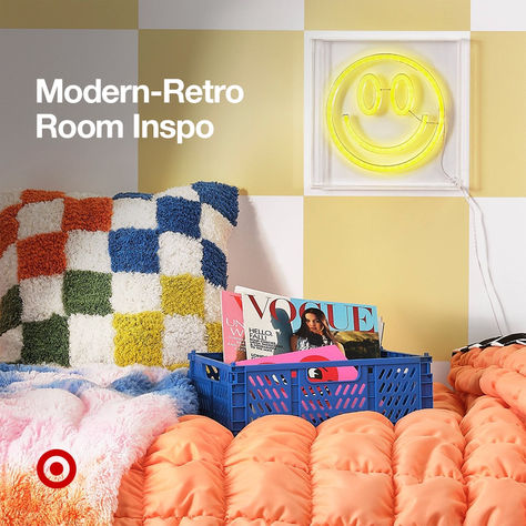 Add cheery vibes to your bedroom with a pop of color. Channel that modern-retro aesthetic with eclectic decor, checkered patterns & playful hues. It’s the perfect moody idea for an apartment or dorm room. Vibe Rooms, Diy Interior Decor, Retro Room, Pop Art Design, Preppy Room, Pool Towels, Modern Retro, Retro Aesthetic, Checkered Pattern