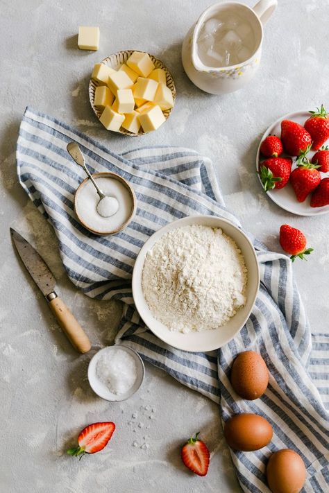 See Anna Jane | Recipes | strawberry, galette, summer, bake, fruits, summer recipes, kitchen towel, flour, eggs, sugar, strawberry shortcake Strawberry Galette, Design Cibo, Ingredients Photography, Food Photography Dessert, Food Photography Composition, Baking Photography, Food Flatlay, Food Photography Background, Seasonal Fruits