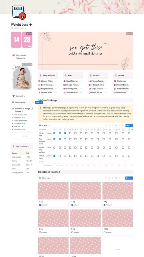 Ultimate Weight Loss & Fitness Tracker

Track your weight loss progress, workouts, and nutrition with this Notion template. Get motivated and stay on track with daily goals, progress charts, and Study Planner Free, Meal Prep Planner, Planner Habit Tracker, Grocery Planning, 15 Day Challenge, Notion Planner, Calorie Tracker, Weight Lo, Life Coaching Tools