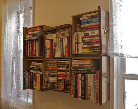 Reusing dresser drawers into book shelfs. I'm going to do this. Drawer Shelves Upcycled, Drawers Repurposed Diy Shelves, Repurpose Drawers Into Shelves, Bookcase Made From Drawers, Up Cycled Dresser To Bookshelf, Tmnt Bedroom, Tmnt Room, Block Furniture, Drawer Bookshelf