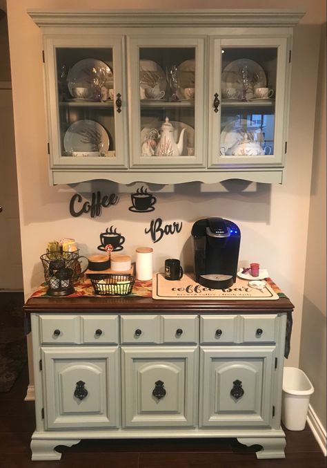 Created this from a old china cabinet. I used Heirloom Traditions Paint in The color London. China Cabinet Split In Half, Coffee Bar China Cabinets, China Cabinet Coffee Bar Diy, Hutch Into Coffee Bar, China Cabinet Bar Makeover, Hutch Coffee Bar Ideas, Repurposed Coffee Bar, China Cabinet Coffee Bar, Hutch Coffee Bar