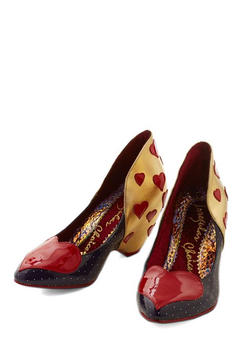 Heart Not to Notice Heel. Spotting the most glam girl in the room is easy when you stride around in these leather heels by Irregular Choice! #red #modcloth Queen Of Hearts Shoes, Heart Heels, Red Shoes Heels, Lizzie Hearts, Irregular Choice Shoes, Heart Shoes, Funky Shoes, Vintage Heels, Irregular Choice