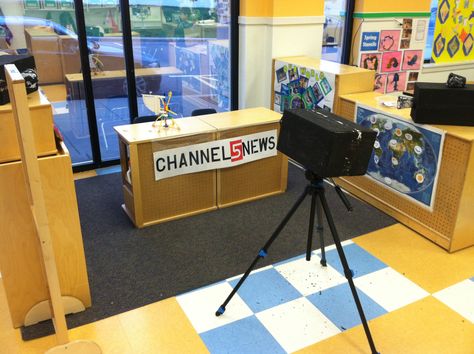 News station! Kid-made cameras. Microphones. Interactive weather map News Station Background, News Station Dramatic Play, Weather Station Dramatic Play, Kitchen Toy Set, Wooden Dollhouse Furniture, Dramatic Play Themes, Preschool Weather, Purposeful Play, Role Play Areas