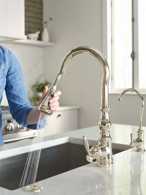 Polished Nickel Kitchen Faucet, Polished Nickel Kitchen, Polished Nickel Faucet, Moen Faucets, Kitchen Faucet With Sprayer, Fresh Farmhouse, Single Handle Kitchen Faucet, Kitchen Sink Faucets, Home Technology