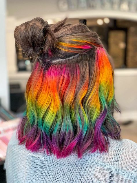 Rainbow Peek A Boo Hair, Rainbow Roots Hair, Hidden Dyed Hair, Black And Rainbow Hair, Prismatic Hair, Rainbow Hair Underneath, Rainbow Peekaboo Hair, Rainbow Hair Colors, Short Rainbow Hair