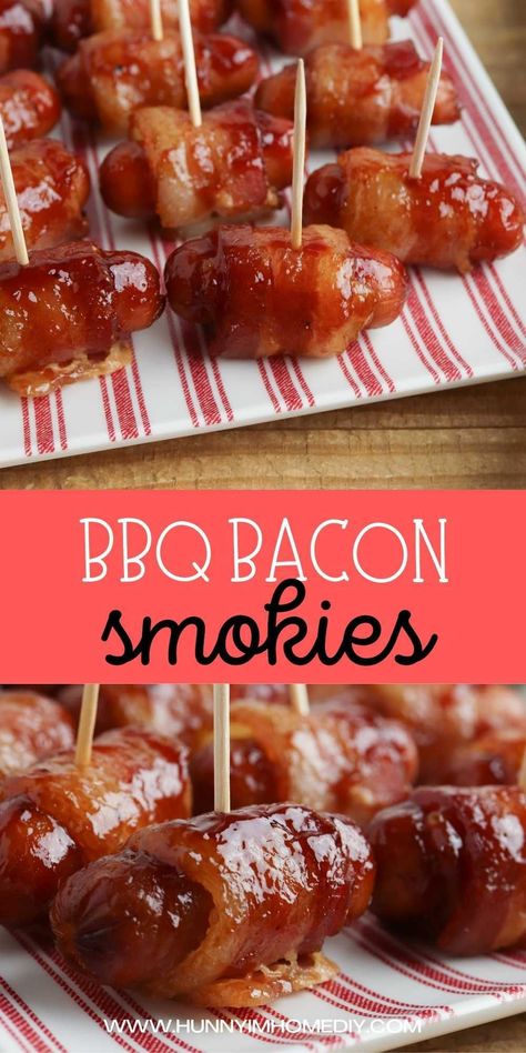 If you're searching for the best party appetizers for game day, you have to try these BBQ bacon wrapped little smokies. You only need four ingredients to make this finger food to feed a crowd, including mini sausages, BBQ sauce, brown sugar, and bacon! They're bite-sized snacks perfect for New Year's Eve or the Super Bowl! Essen, Mini Hot Dogs Wrapped In Bacon, Appetizers For Party Easy Finger Foods Crescent Rolls, Things To Bring To A Party, What To Bring To Bbq Potlucks, Finger Foods For Football Party, Quick Football Party Food, Quick And Easy Game Day Food, Football Game Day Food Ideas