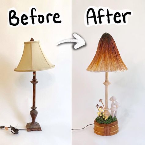 Mushroom Halloween Decorations, Cottagecore Furniture Bedroom, Mushroom Gifts Ideas, Goblincore House Decor, Thrifted Upcycle Decor, Mushroom Light Diy, Cottagecore Lampshade, Mushroom Home Decor Diy, Mushroom Core Bedroom