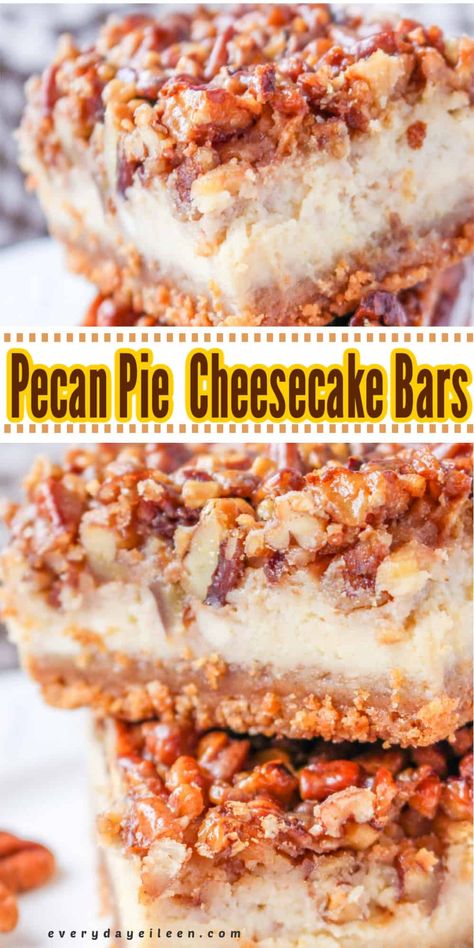 Easy Pecan Pie Cheesecake Bars recipe is rich, decadent, creamy and delicious. A tasty sweet treat with all the flavors from cheesecake and pecan pie in these amazing cheesecake bars. A great addition to any meal or family gathering. A great dessert for pot lucks, tailgating, and holiday snacking. Pecan Pie Cheesecake Bars Recipe, Pecan Pie Topping, Thanksgiving Desserts Pie, Pecan Pie Cheesecake Bars, Pecan Pie Cheesecake Recipe, Pie Topping, Bars Dessert, The Best Cheesecake, Pecan Pie Cheesecake