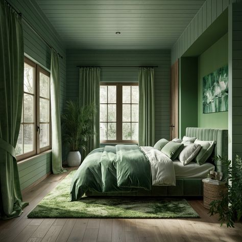 Monochrome Green Bedroom, All Green Bedroom, Desk Remodel, Boho Decor Ideas, Room Colours, Earthy Home, Green Bedroom, An Architect, Bedroom Green