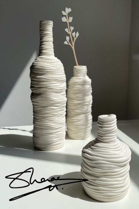 Hand rolled & hand coiled porcelain paper clay vessels from the 'Contoured' collection, beautifully capturing the decision making process made by the maker's hand. Clay Handmade Pottery, Vase Clay Diy, Coil Sculpture Ideas, Coiled Pottery Ideas, Coils Ceramics, Coiling Pottery Ideas, Coiling Clay, Coil Ceramics Ideas, Coiling Pottery