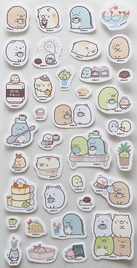 Sumikko Gurashi 'coffee shop cuties' cute kawaii kitsch paper sticker sheets #stickersprintable #stickersheets #funnystickers #stickerideas #aestheticstickers #cutestickers Sticker Design Inspiration, Printable Sticker Sheets, Sumikko Gurashi, Scrapbook Stickers Printable, Seni Origami, Paper Sticker, Easy Doodles Drawings, Cute Doodles Drawings, Cute Doodle Art