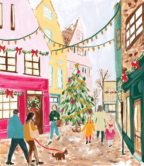 Christmas Scene Drawing, Christmas Winter Scene, Scenery Illustration, Town Painting, Town Drawing, English Town, Cute Christmas Stockings, Xmas Pictures, Watercolor Christmas Tree