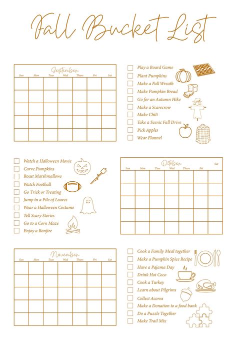 "If you are looking for a fun fall activity for your kids to do, this countdown/activity calendar is item you are looking for. Custom calendar for any year, just fill in the dates on the calendar. Color in the icons or all over the calendar for some fun time with the kids. Fill in the activity on the day you want to do it then check off the activity once completed. Fun for all ages.  :: WHAT YOU WILL RECEIVE :: This is a digital print that you can print at home or send to an online or in town pr 30 Days Of Fall Activities, Fall Calendar Ideas, Fall Countdown, Fall To Do List, Autumn To Do List, Autumn Challenge, Fall Calendar, Countdown Poster, Countdown Activities