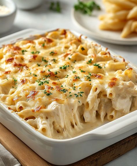 Chicken Alfredo Casserole Recipe - Fettucini Alfredo Casserole Recipe, Shrimp Alfredo Casserole, Spaghetti Casserole With Alfredo Sauce, Chicken Alfredo Bake With Jar Sauce, Alfredo Baked Pasta, Pasta Receipes, Alfredo Pasta Bake, Creamy Chicken Alfredo, Alfredo Casserole